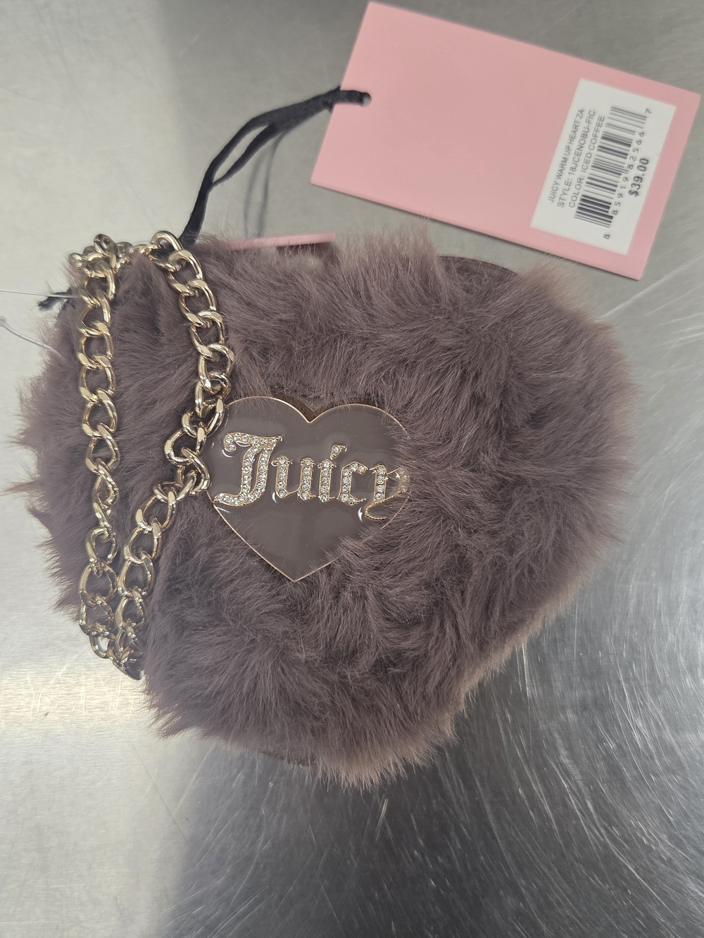 Juicy Couture Mauve Faux-Fur Heart Mini Bag with Gold Chain